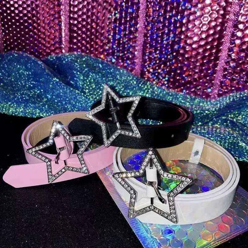 Y2K star buckle strap pink leather elastic binding strap sparkling rhinestone vintage bridal decoration accessory W250326