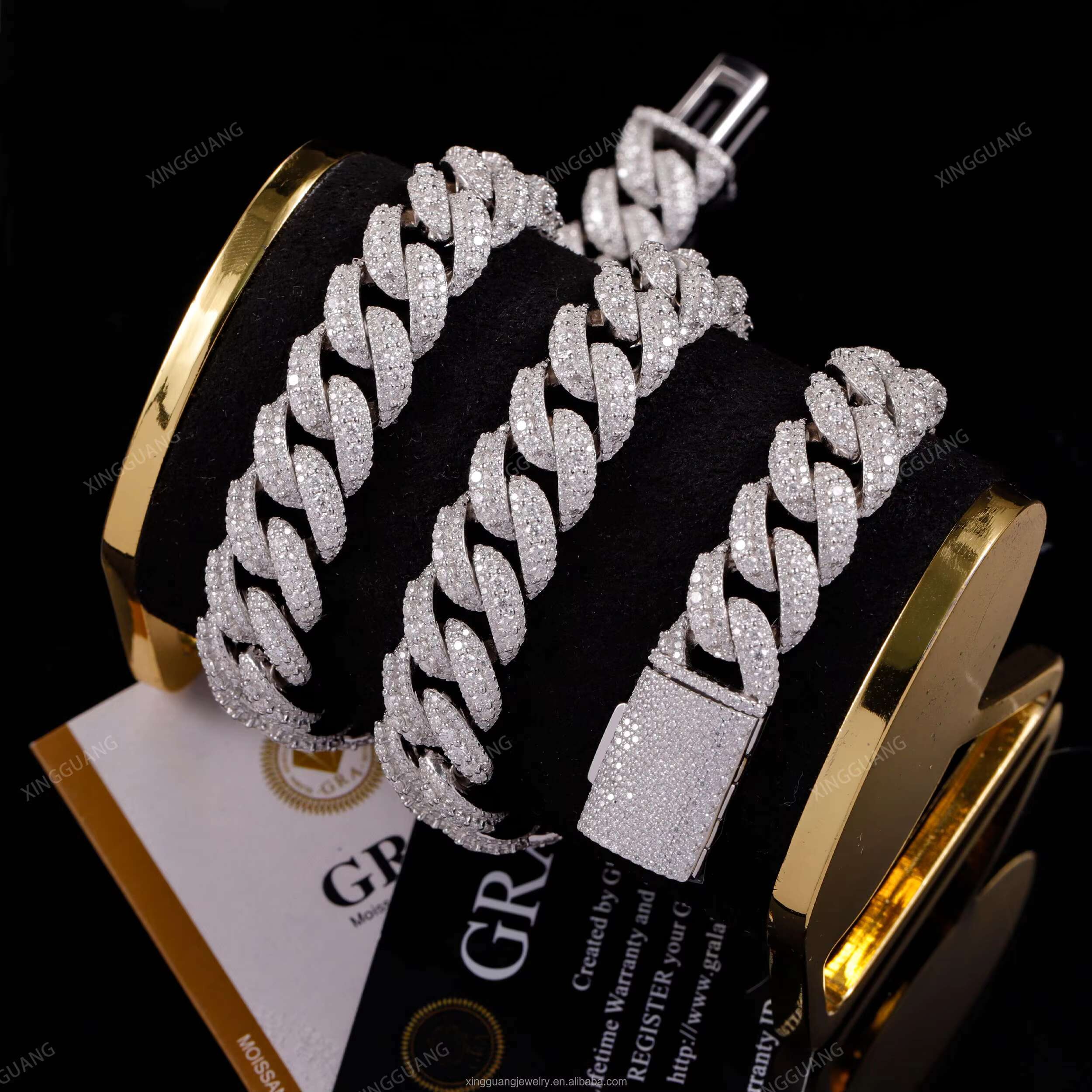 RTS Moissanite Gra Certificated Cuban Chain14mm 18mm 925 Silver Hip Hop Moissanite Pass Diamond Test Cuban Link Chain