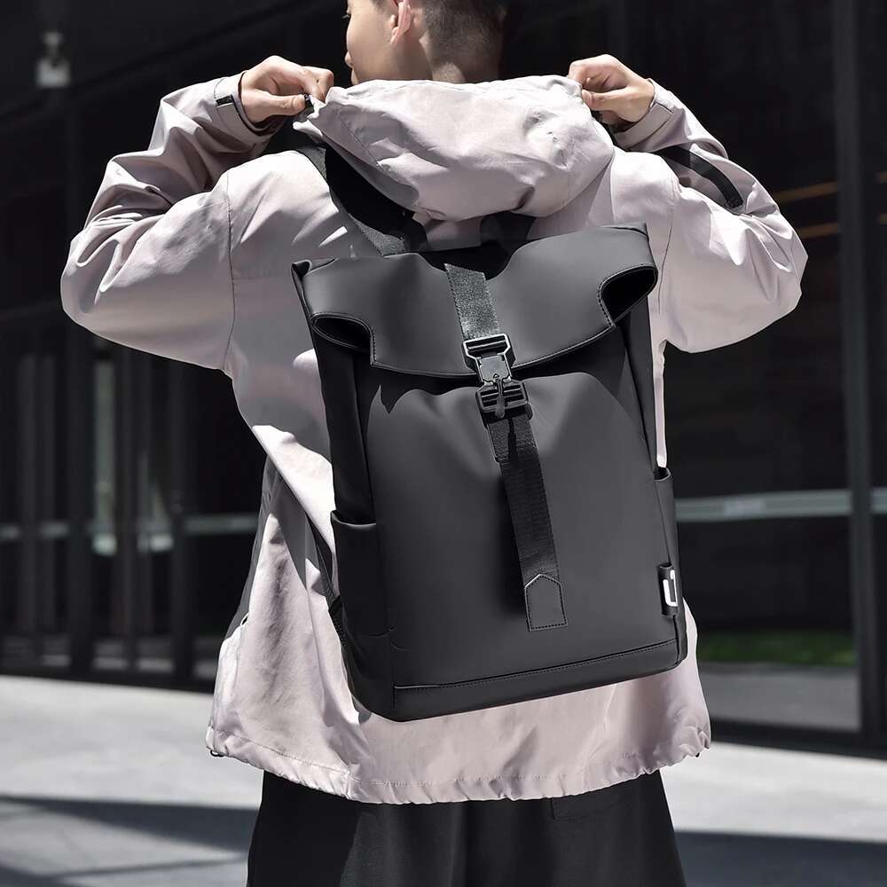 Fashionable Men's Waterproof Roll - Top Laptop Backpack With Buckle Strap For Office & Travel