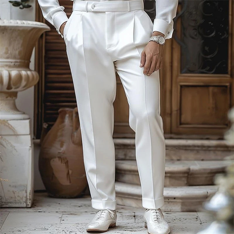 Spring and summer casual breathable set mens Trouser retro solid color loose straight pants mens casual pleated Trouser 250321