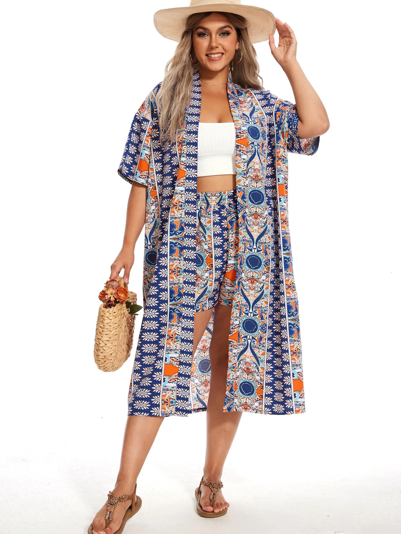 Plus Size Print Two-piece Set Short Sleeve Open Front Kimono Elastic Waist Shorts Outfits Womens Plus Size Clothing 250324