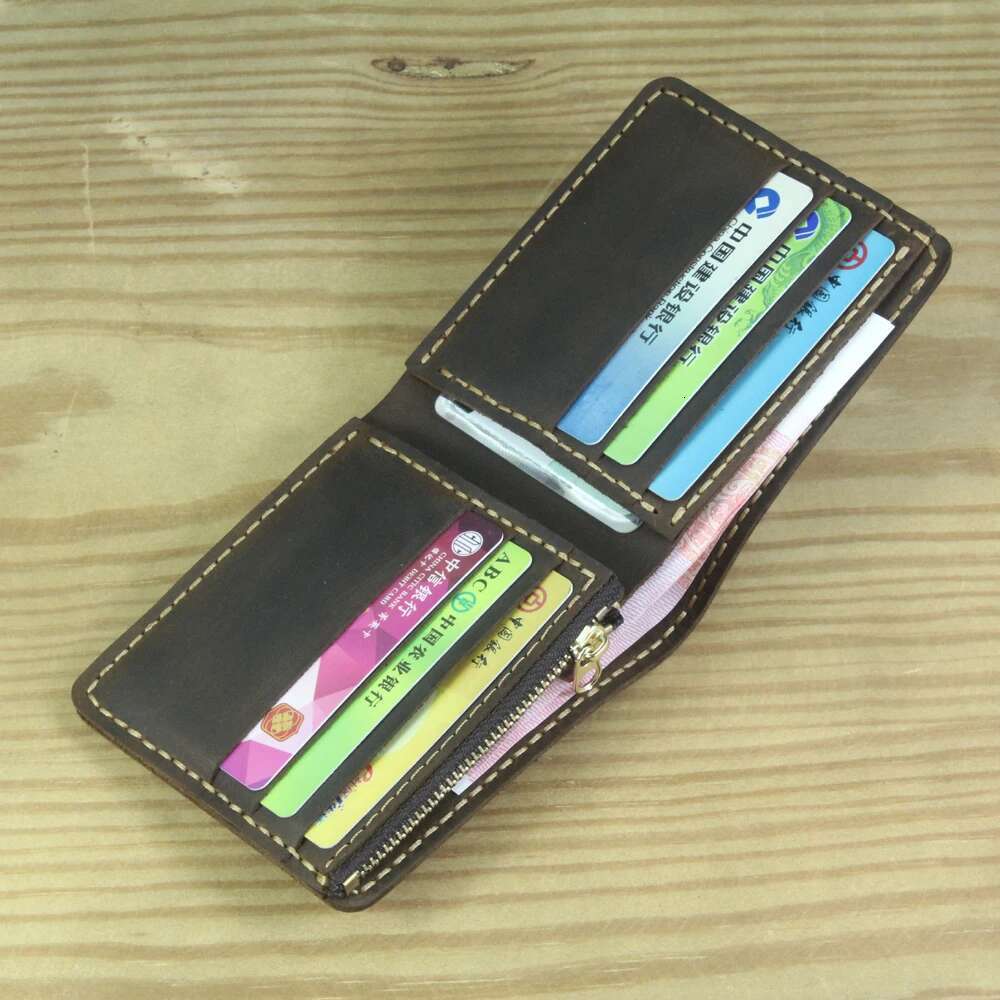 Handmade Genuine Men Wallet Bifold Purse Male Wallets Short Clip Vintage Leather Money Bag with zip pocket