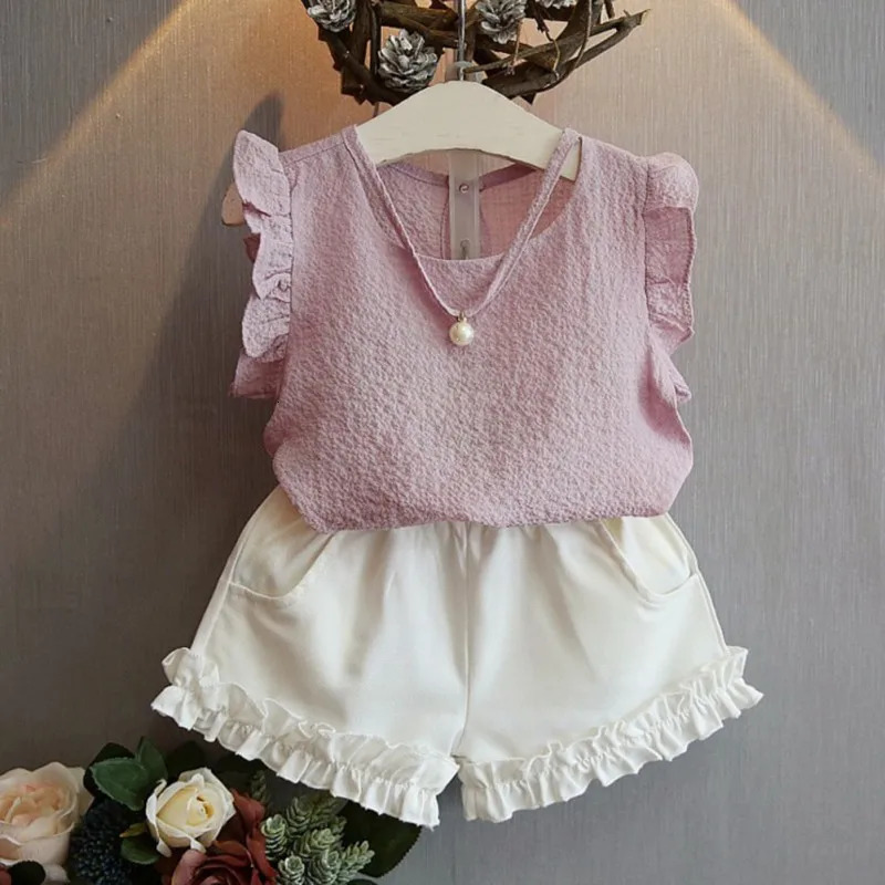 Girls Chiffon T-Shirt Shorts Set Summer Pearl Sleeveless Top Solid Shorts Stylish Cute Clothes 3-8 Years ChildrenS Wear Set 250325