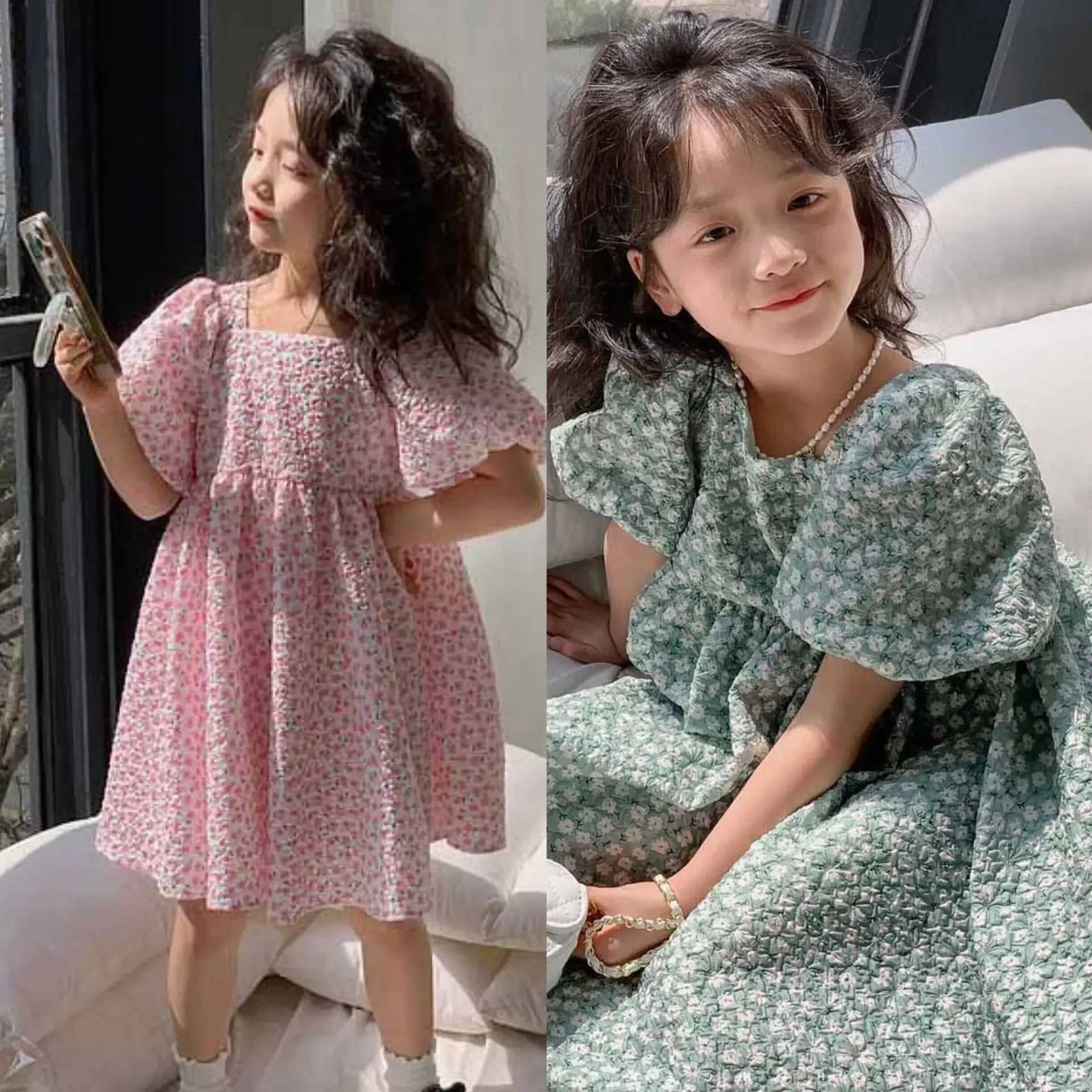 Girls casual dress with floral print and fluffy sleeves floral girls dress with square neckline childrens clothing for 3 to 7 years W250326