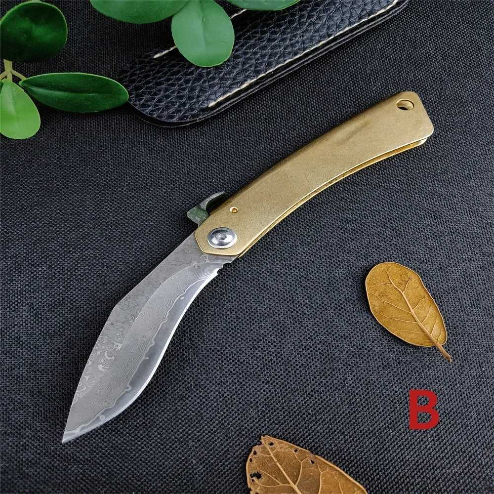 Japanese Higonokami Pocket Folding Knife Damascus Steel Copper Handle Outdoor Camping Survival Knife Tactical Hunting EDC ToolXJ250326