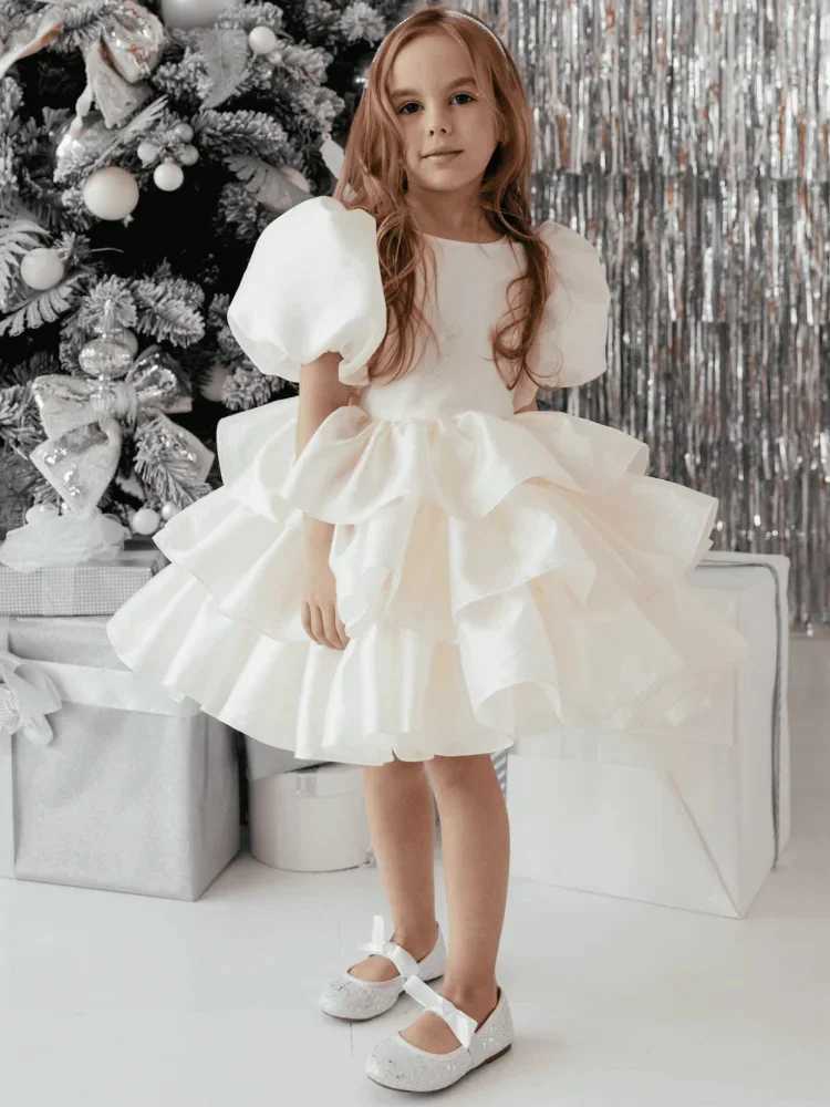 Customized pink floral girl wedding dress for layered knee length bow tie little girl photo birthday party dance dress W250326