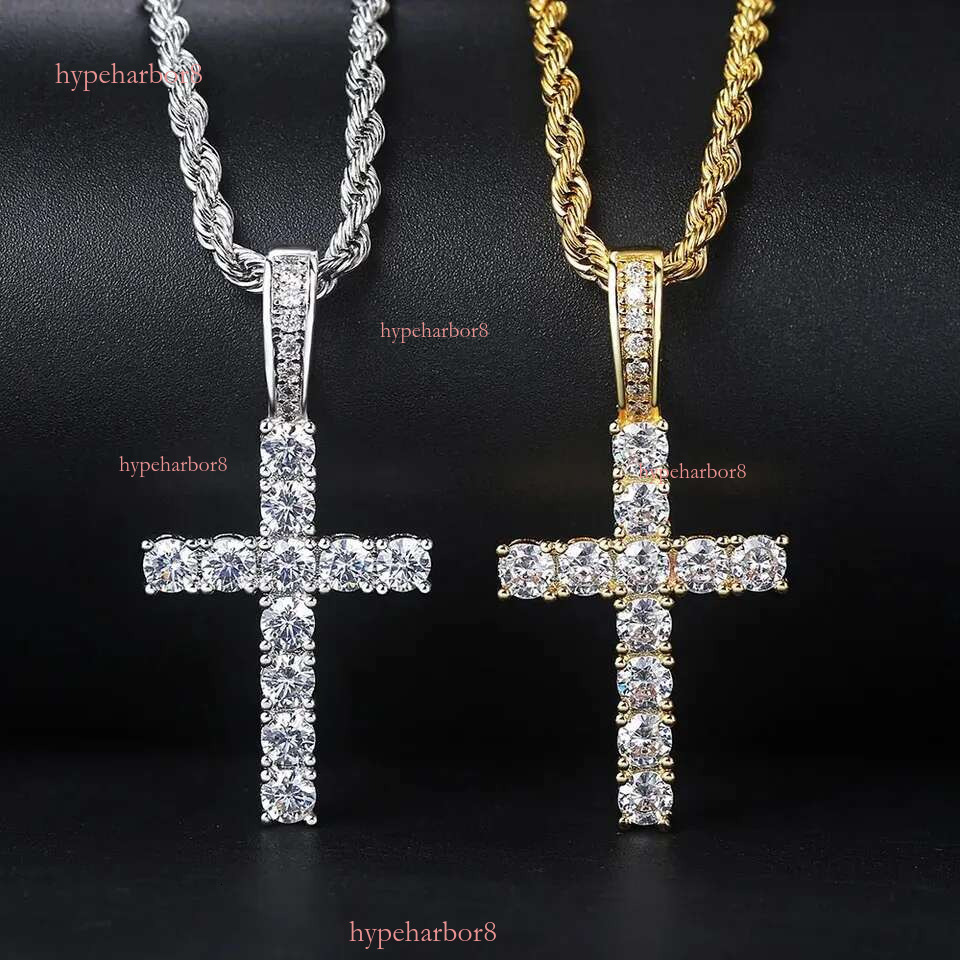 Religious Cross Pendant Necklace For Women Stainless Steel Plaged Gold Mens Tennis Chain Hip Hop Chains Necklaces Inlaid 4Mm CZ Stone Dia Jewelry