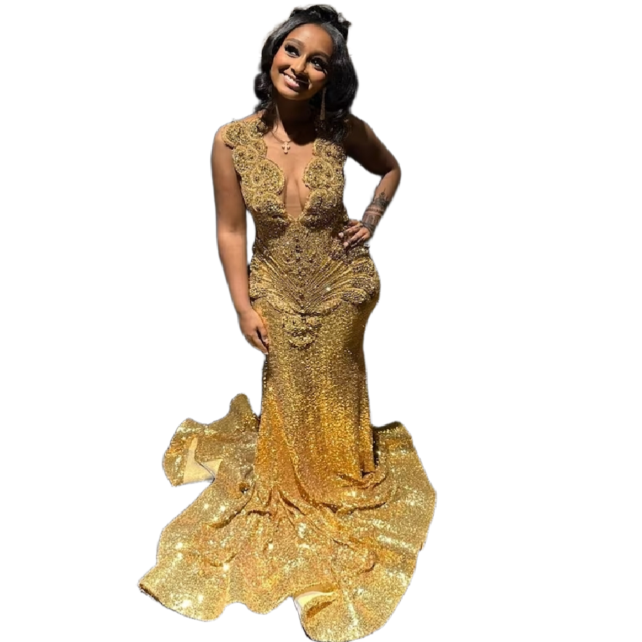 Shiny Gold Prom Dress Beaded Crystal Mermaid Sequined Evening Dress 2025 Aso Ebie African Formal Occasion Birthday Party Gown Custom Made Vestio De Fi