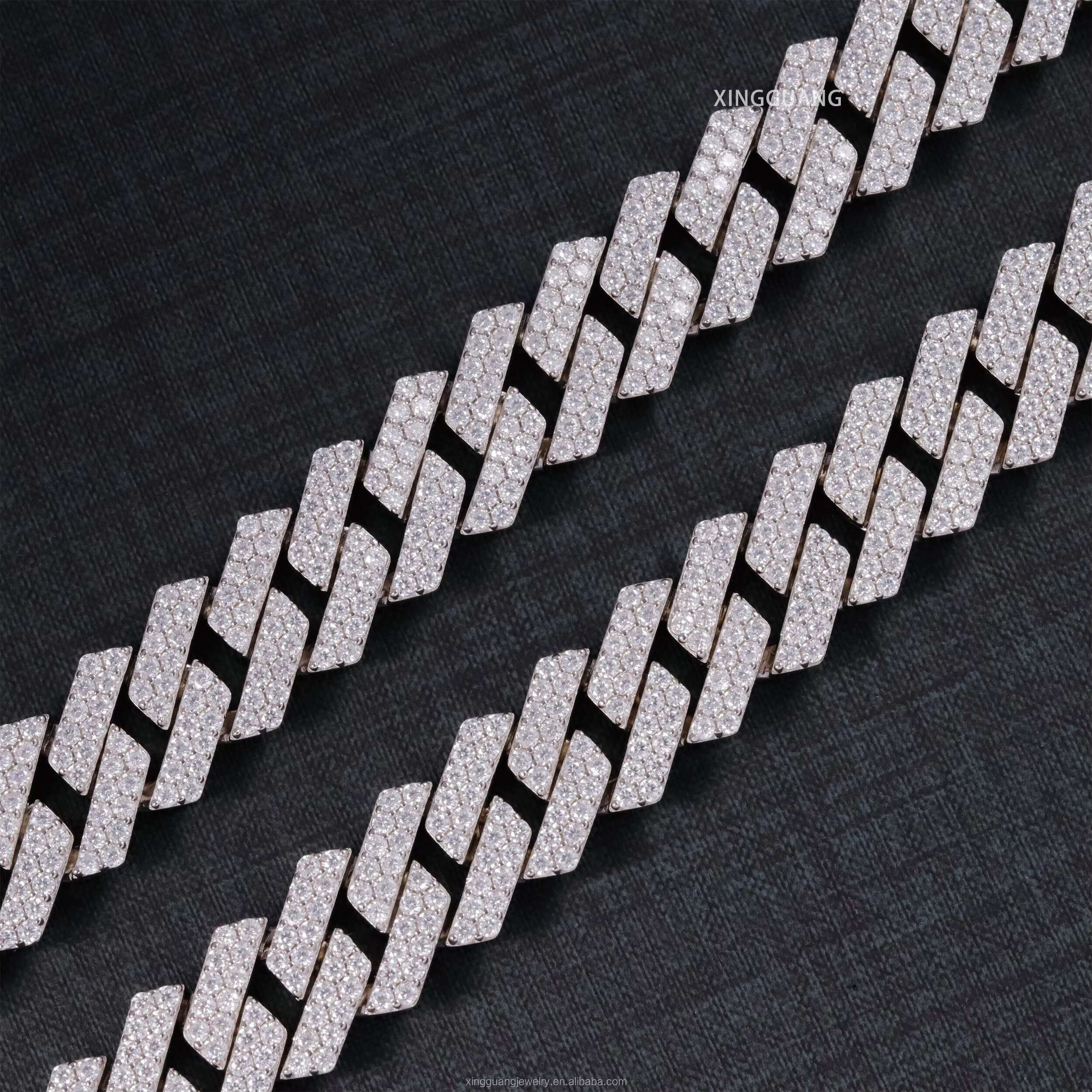 Hip Hop Jewelry 2rows 14mm VVS Moissanite Diamond Cuban Link Chain 925 Silver Moissanite Necklace