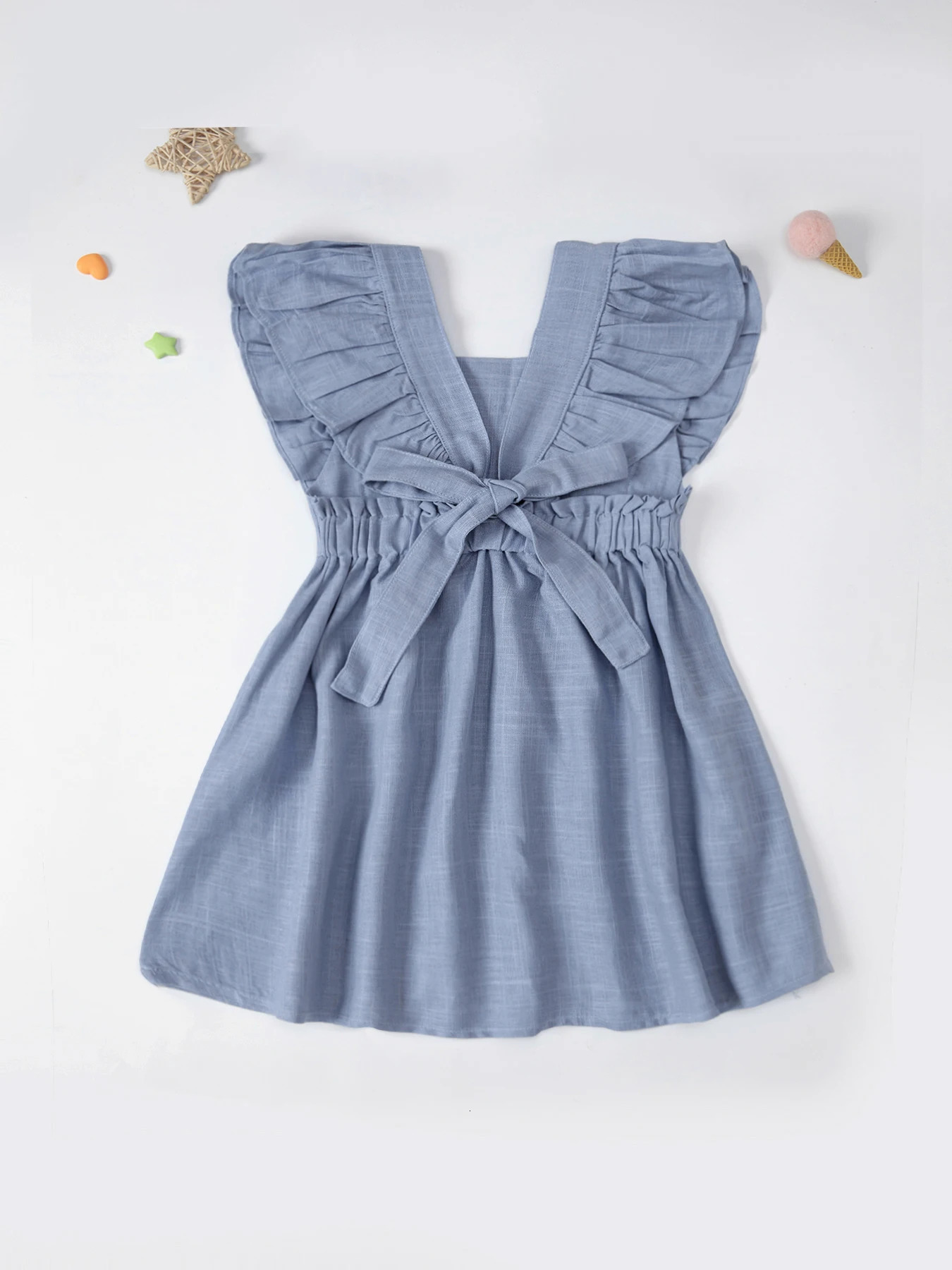 Cotton Linen Embroidered Dress for Baby Girl Ruffled Princess Dress Butterfly Bow Summer 250326