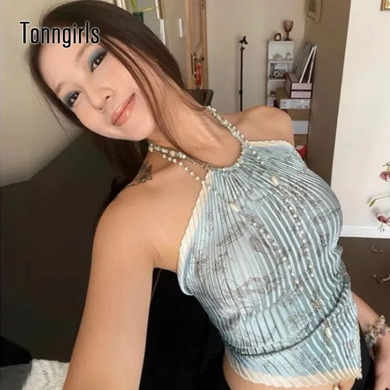 Tonngills retro tie dye vest top womens sleeveless lace top Y2k retro camis top backless summer Korean vest top 2000s 250321