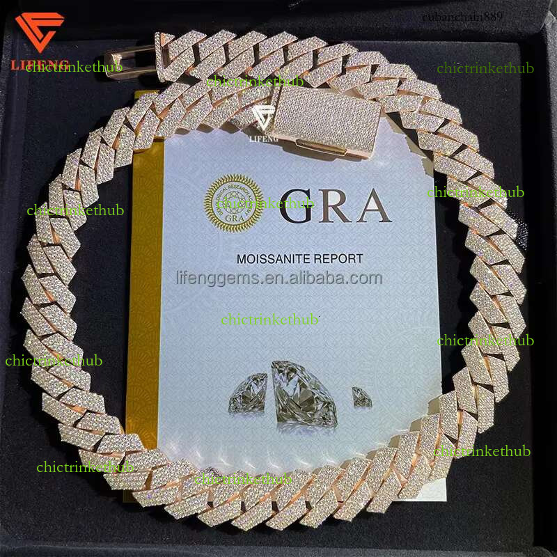 Custom 18mm Hip Hop Cuban k Chain Necklace Rose Gold Plated Iced VVS Moissanite Dia Sier Gift for Men