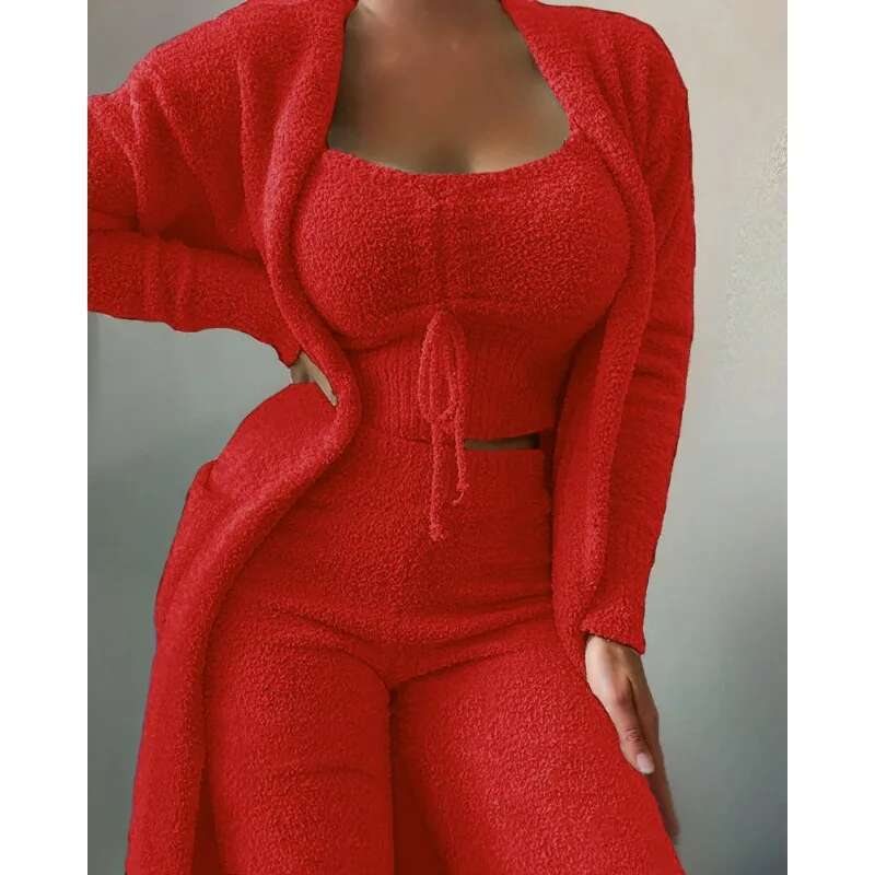 Women 3 Piece Homewear Autumn Winter Teddy Veet Crop Top Cardigan Coat + Pants Suit gerie Set Loungewear Outfits
