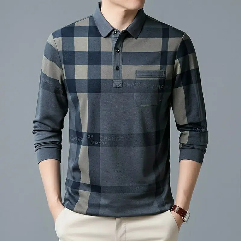 Mens striped plain retro polo shirt spring and autumn long sleeved business mens basic pocket casual loose top 250326