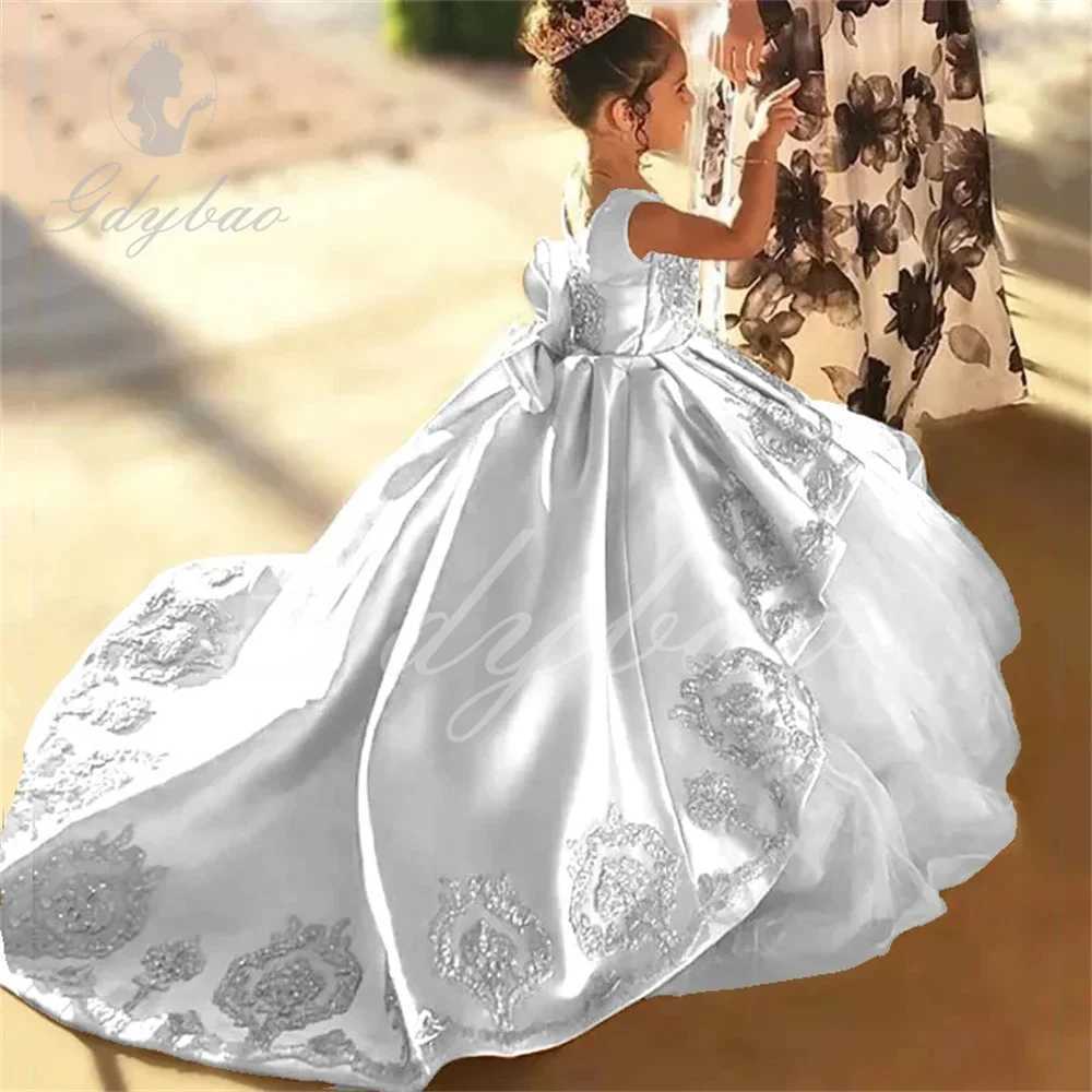 Flower girl dress childrens dress with beads girls long dress birthday dress lace back satin dress formal dress W250326