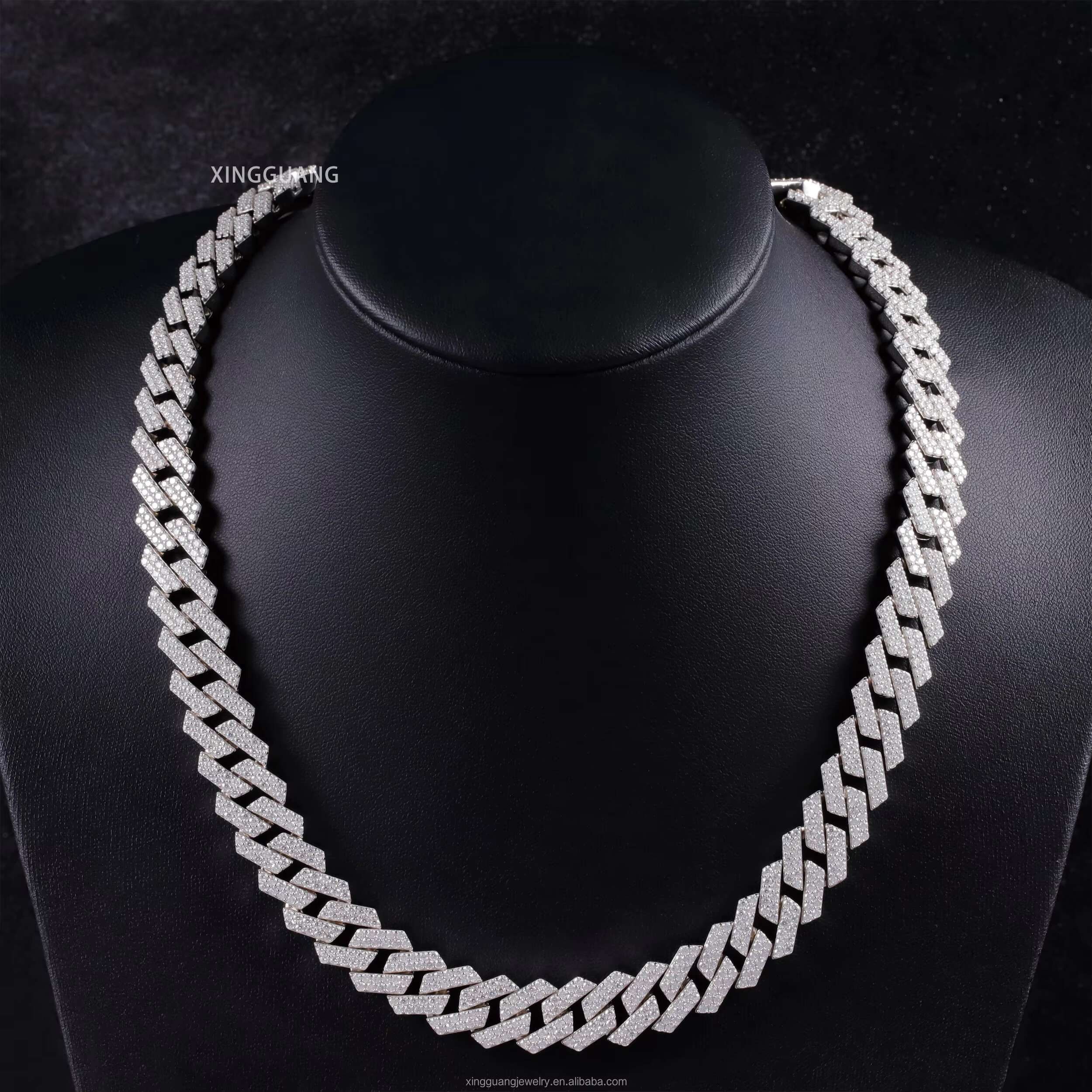 Hip Hop Jewelry 2rows 14mm VVS Moissanite Diamond Cuban Link Chain 925 Silver Moissanite Necklace