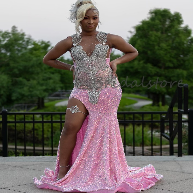 Ornate Pink Sequined Prom Dress With Slit Plus Size African Mermaid Evening Dress Black Women Dance Formal Occasion Bespoke Birthday Party Gown Vestio