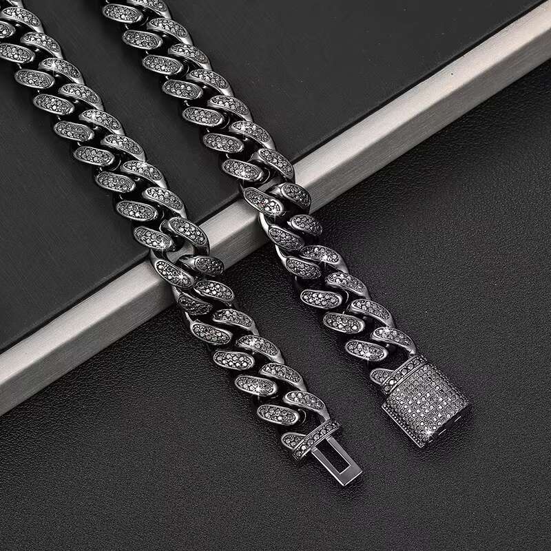 Hiphop Jewelry Iced Out Moissanite Cuban Chain Cuban Link Chain Moissanite S925 Silver 12mm Black Plated Two Row Vvs Black GRA