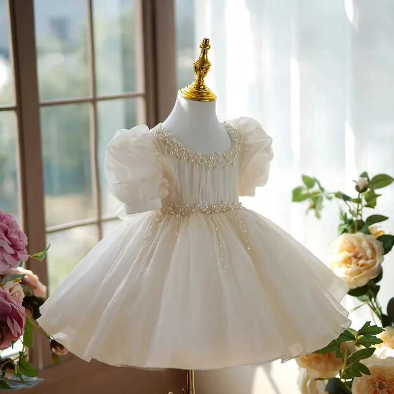 Customized ivory flower girl wedding dress for wedding pearls elegant bow and knee length childrens birthday parties sacred banquet dresses W250326