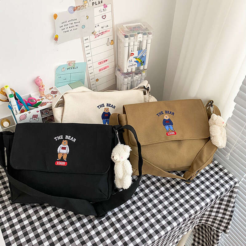 Ulzzang Academy Style Antique and Cute Cartoon Embroidery Bear Student Canvas One Shoulder Crossbody Bag Girl