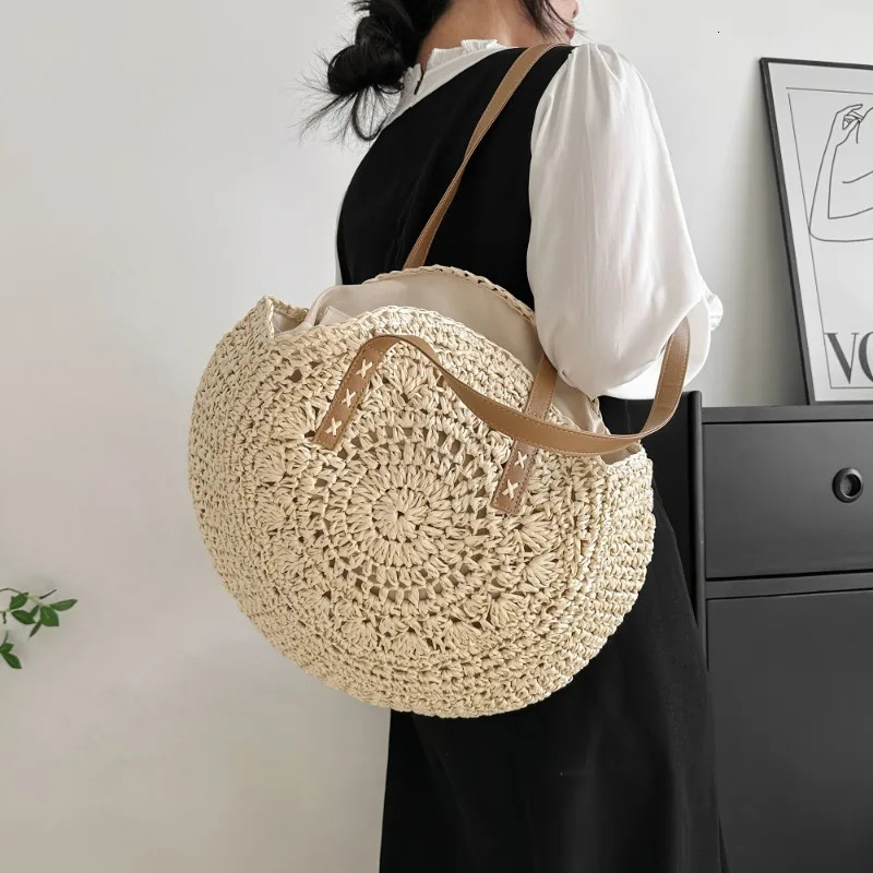 1pcs Minimalist Hollow Round Paper Rope Woven Shoulder Bag Casual Beach Tote Handbag Bohemian Style for Travel bag 250325