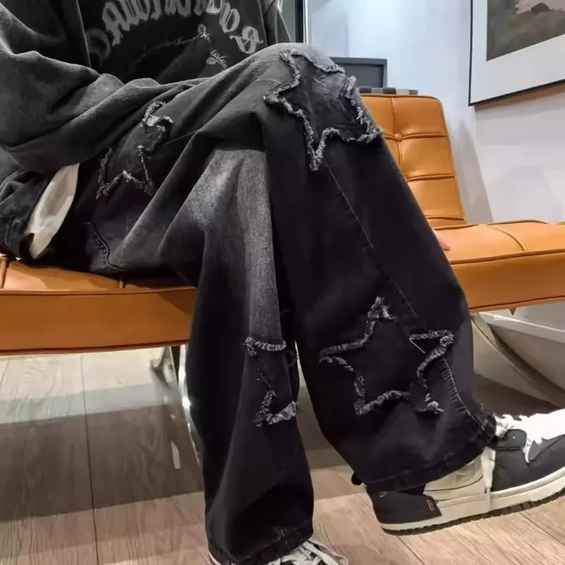 Stars Patchwork Mens Jeans Fashion Y2K Tassel Pants Korean Clothing Straight Hip Hop Splicing Street 250326