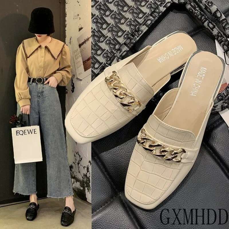 2025 Summer New Chain Mule Women's Designer Fashion Slippers Square Toe Women's Striped Shoes Summer