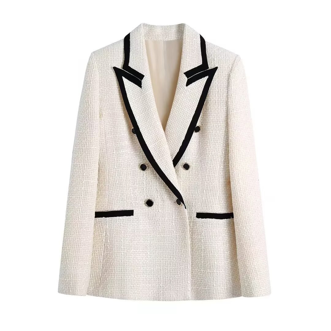 ZARZ Homemade Style New Women's Versatile and Fashionable White Contrast Edging Woolen Coat