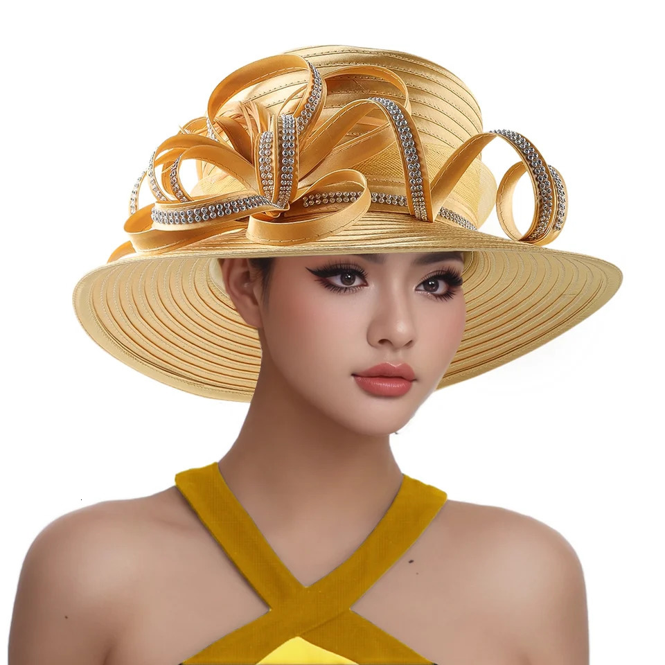 Multi colored satin fabric rhinestone church hat elegant pography top hat fashionable womens banquet charming wedding formal hat 250322