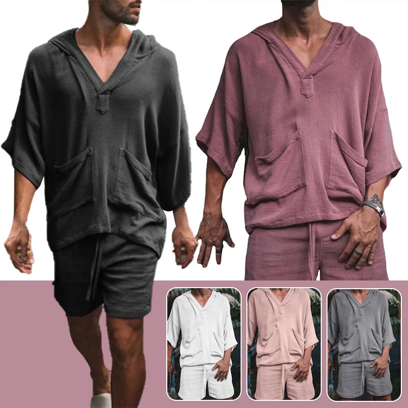 2pcsset Men Summer Cotton Linen Shirt Set Loose Casual Tops Shorts Suit Short Sleeve Pajamas Comfy Breathable Beach Shorts 250324