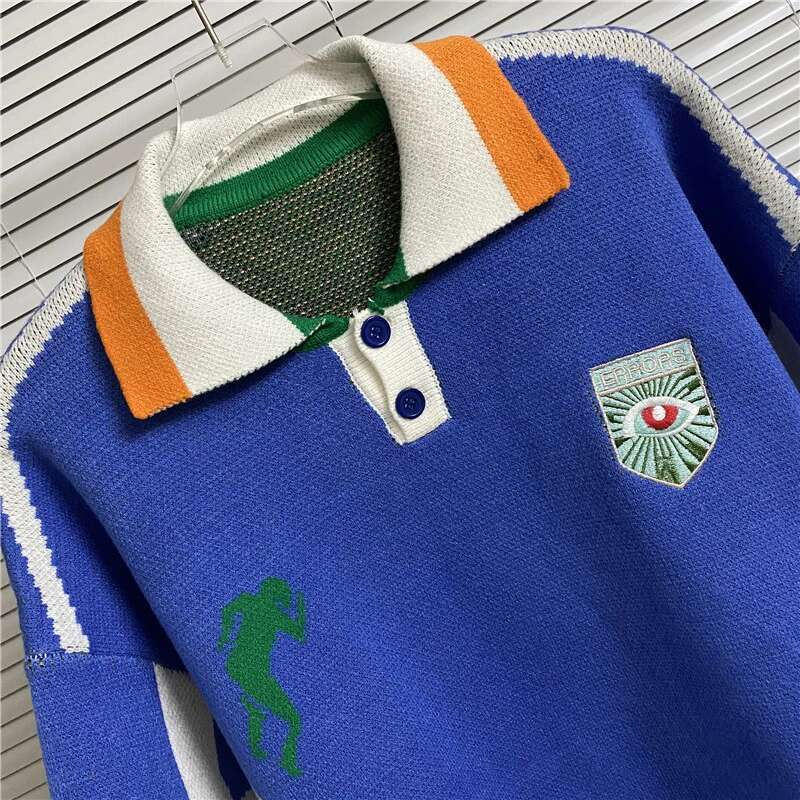 New HOUSE OF ERROR Football Suit Style Blue White Contrast Color Geometric Pattern Jacquard Polo Collar Man Short Sleeve Sweater