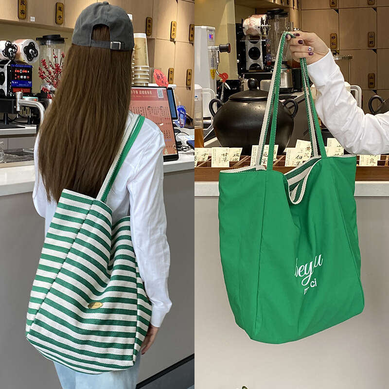 Striped canvas 2024 new Korean style ins casual single shoulder large capacity tote shopping bag