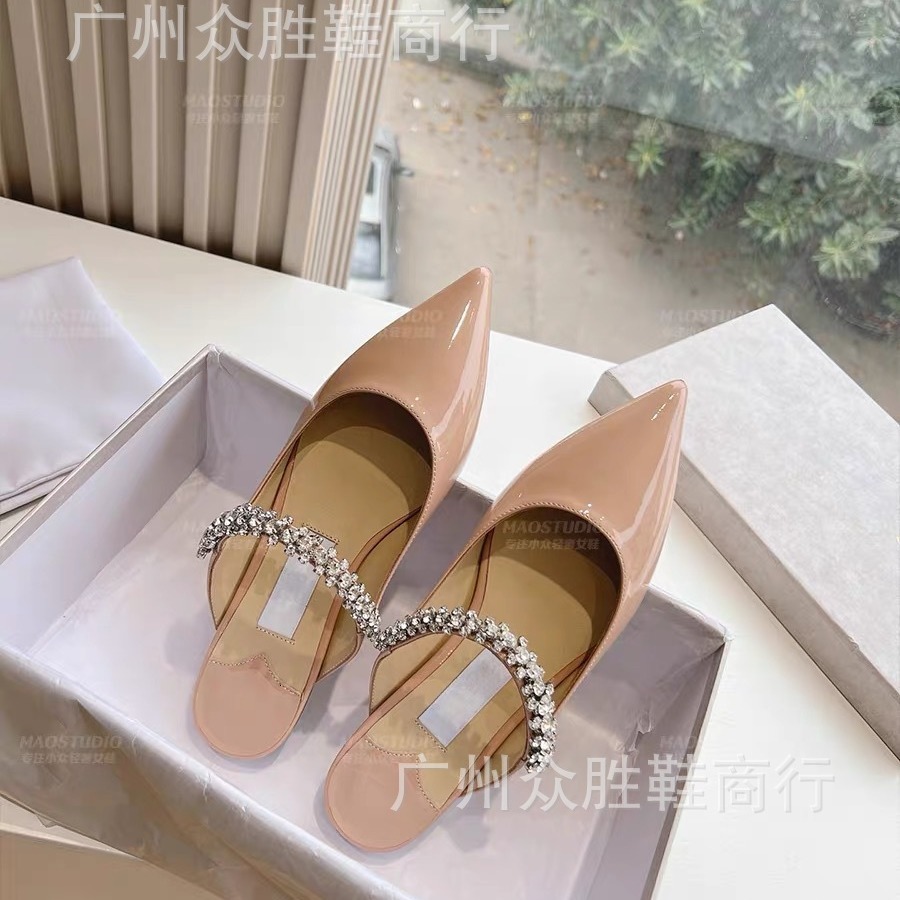 High version JC rhinestone flat sandals for women, pointed toe, half drag, patent leather, thin heel, straight strap, high heels, toe caps, single sho