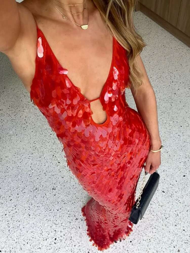 2025 Glitter Sequins Spaghetti Straps Women's Evening Dress Sleeveless Backless High Waist Or Length Lady Birthday Party Gown