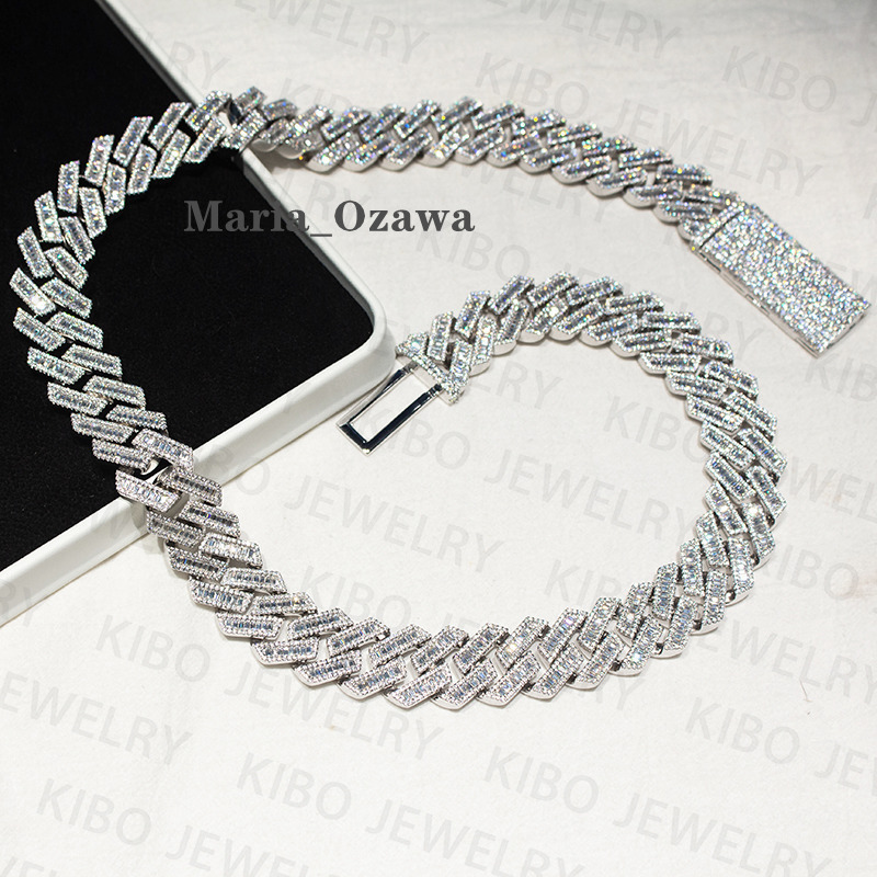 Hip Hop Men Luxury Cuban Chain 20mm Width Baguette 3rows Moissanite Miami Full Iced Out Cuban Link Chain Necklace