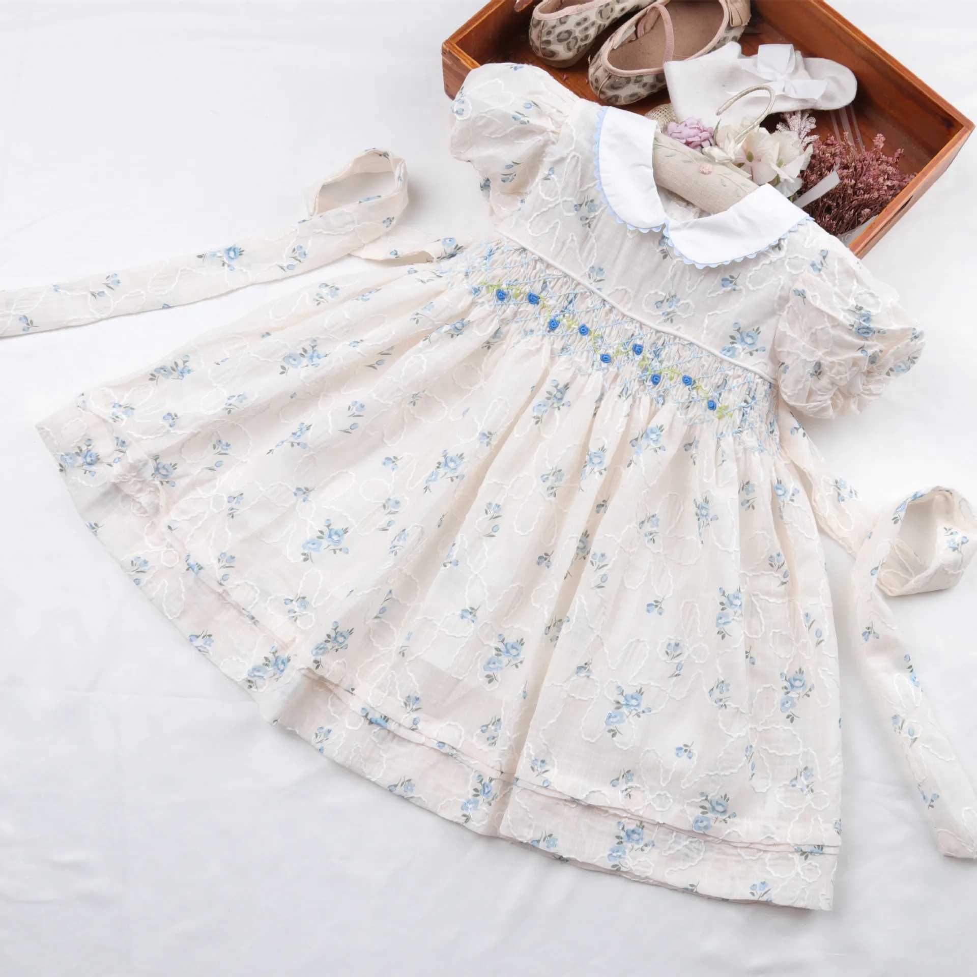Baby Girl Princess Elegant Smoking Dress 2 3 4 5 6 Year Old Children Girl Flower Handmade Smoking Dress Cotton W250326