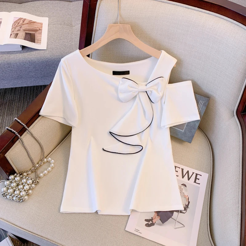 Summer Korean Style T-Shirt Women Chic Sexy Hollow Out Skew Collar Color Blocking Big Bow Tops Plus Size Short Sleeve Tees 250321