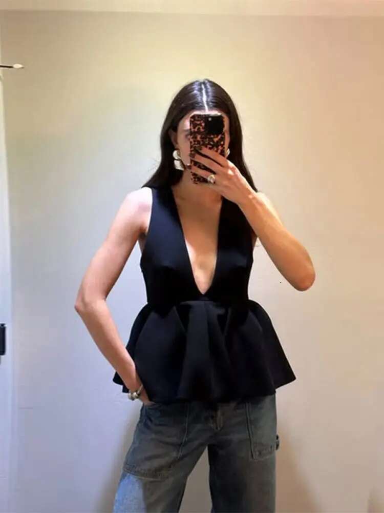 Ruffled Hem Tank Top Pants Sets Women Deep V-neck Sleeveless Zipper Chic Vest Tops High Waist Loose Harem Trousers Suits Female