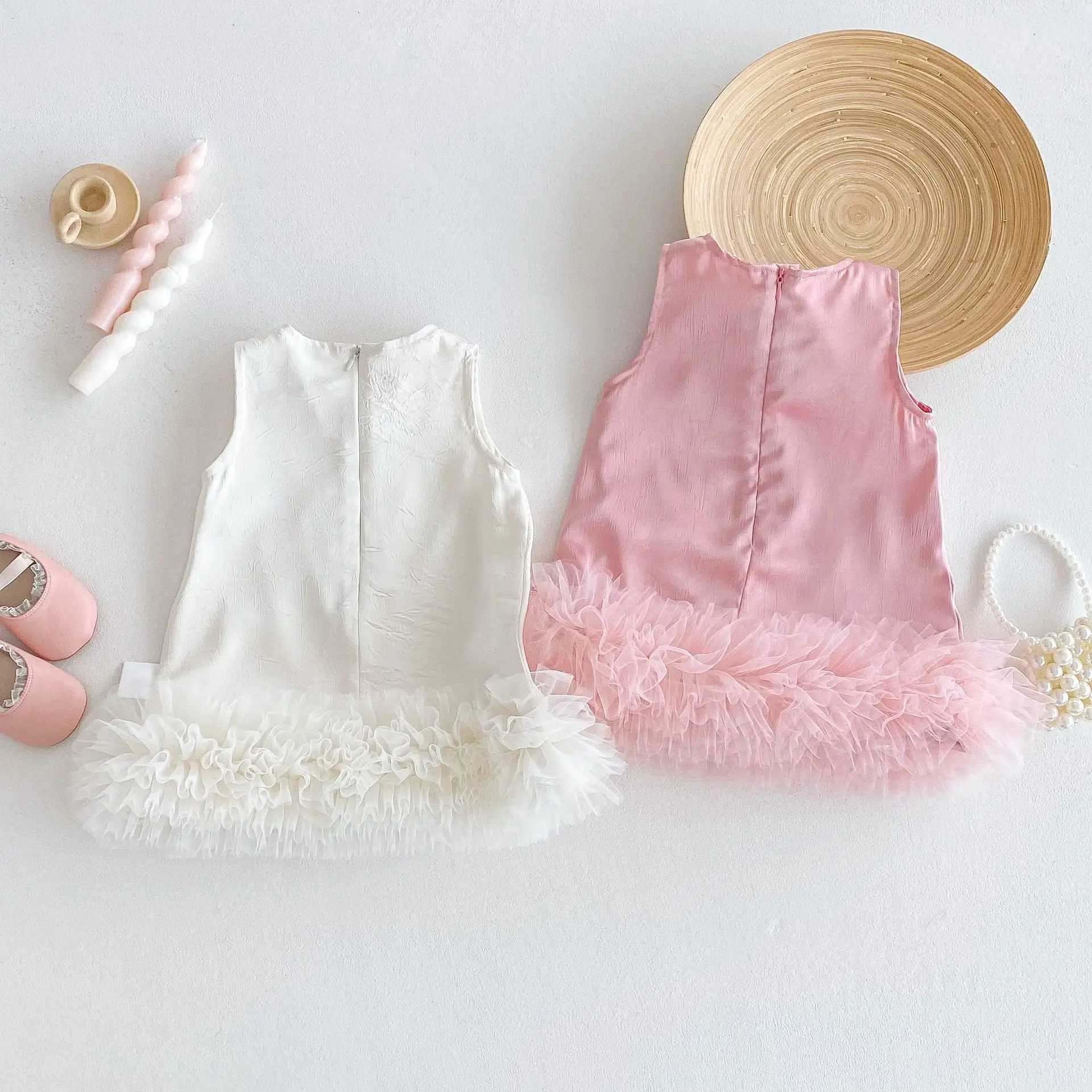 Girls Sleeveless Princess Dress 0-5Y New Summer Girl Baby Solid Color Mesh Dress Fashion Childrens Korean Style Dress W250326