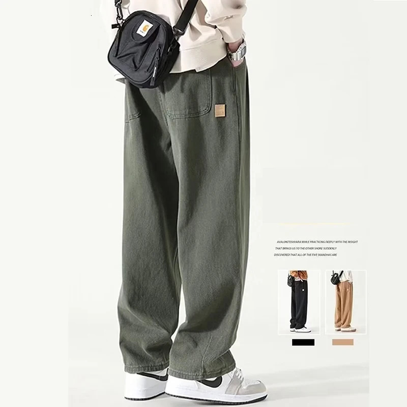 M3XL American fashion wide leg pants for men green khaki color runners bagged and dragged cargo cart Y2K fully matched 250326