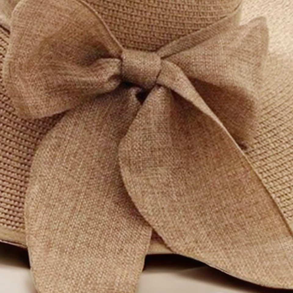 Summer Beach Vacation Big Hat Brim Beach Sunscreen Hat For Women Fashionable and Versatile Bow Ribbon Straw Hat 250326