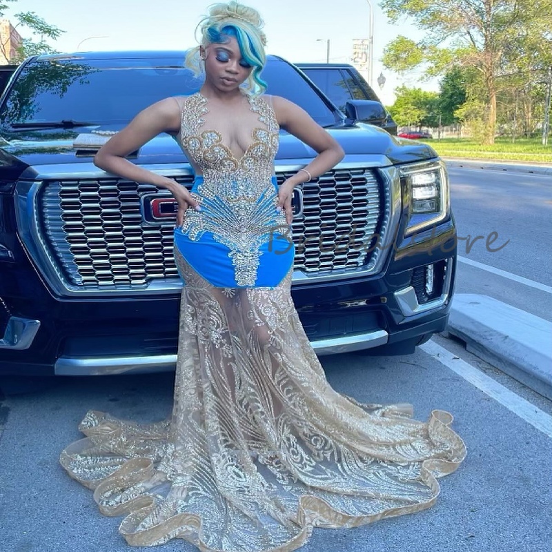 Edgy Blue Prom Dress For Black Girls Plus Size Gold Sequin Mermaid Evening Gowns Illusion Beaded High School Birthday Party Bespoke Occasion 2025 Vest
