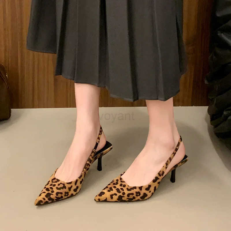 Fem Sandal Leopard Print Shoes All-Match High H 2025 Summer Girls Spring Stiletto Low Cfort Fashion High-heeled Beige Z250326