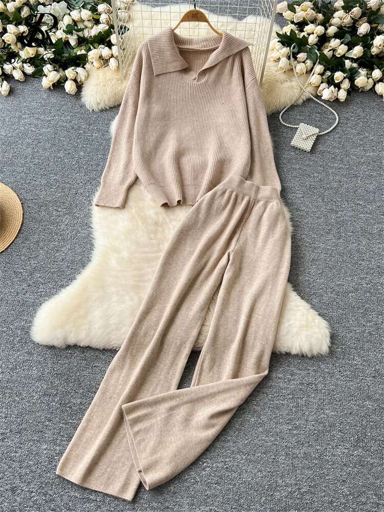 SINGREINY Autumn Casual Thick Suits Ladies Lapel Long Sleeve Loose Pullovers+High Waist Basics Wide Legs Pants Sweater 2Pcs Sets