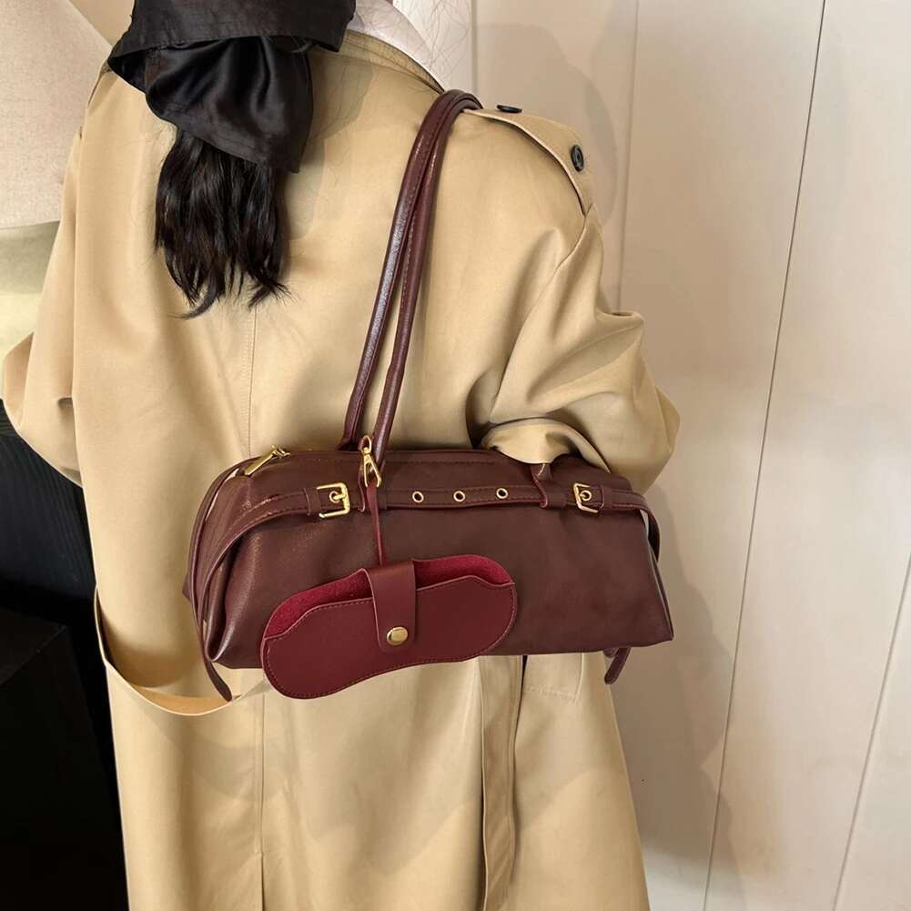Boston Handbag For Women Solid Shoulder PU Leather Casual Bowg Retro Commuter Bag