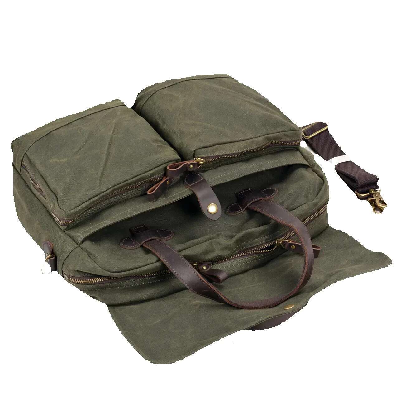 15.6-Inch Thickened First-Layer Cowhide Waterproof Waxed Canvas Briefcase Retro Men's Shoulder Crossbody Messenger Bag