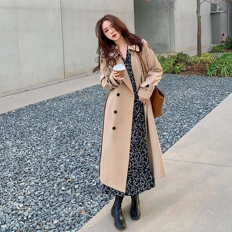 Streetwear Loose Trench Midi Length Fashion Korean Elegant Khaki Black Women's Windbreaker Coat Casual Double Breasted Tops