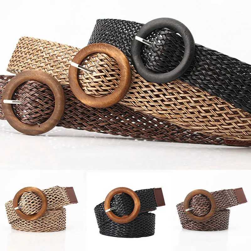 Woven waist belt black coffee womens belt retro Bohemian round wood smooth buckle fake straw wide belt womens belt W250326