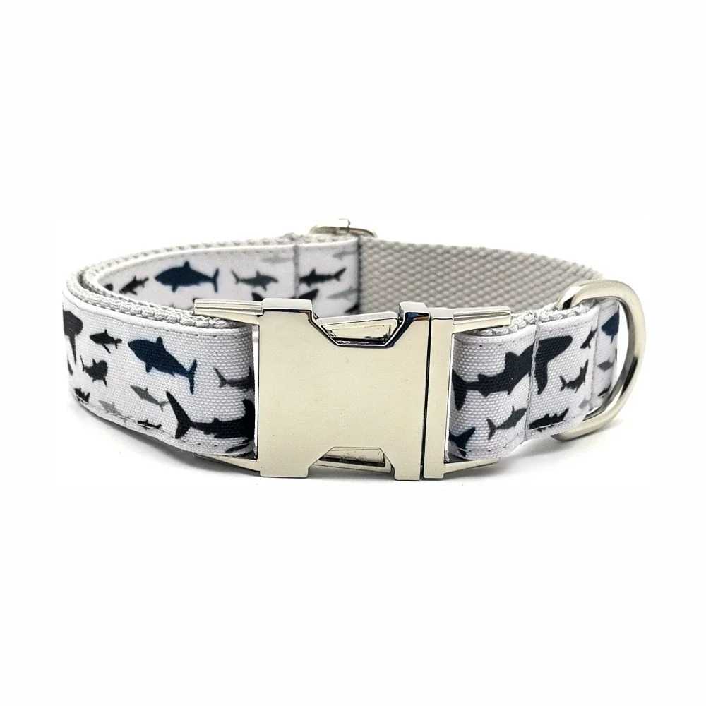Personalized pet collar durable sea fish customized puppy name ID tag adjustable size shark gray basic dog collar belt X250326