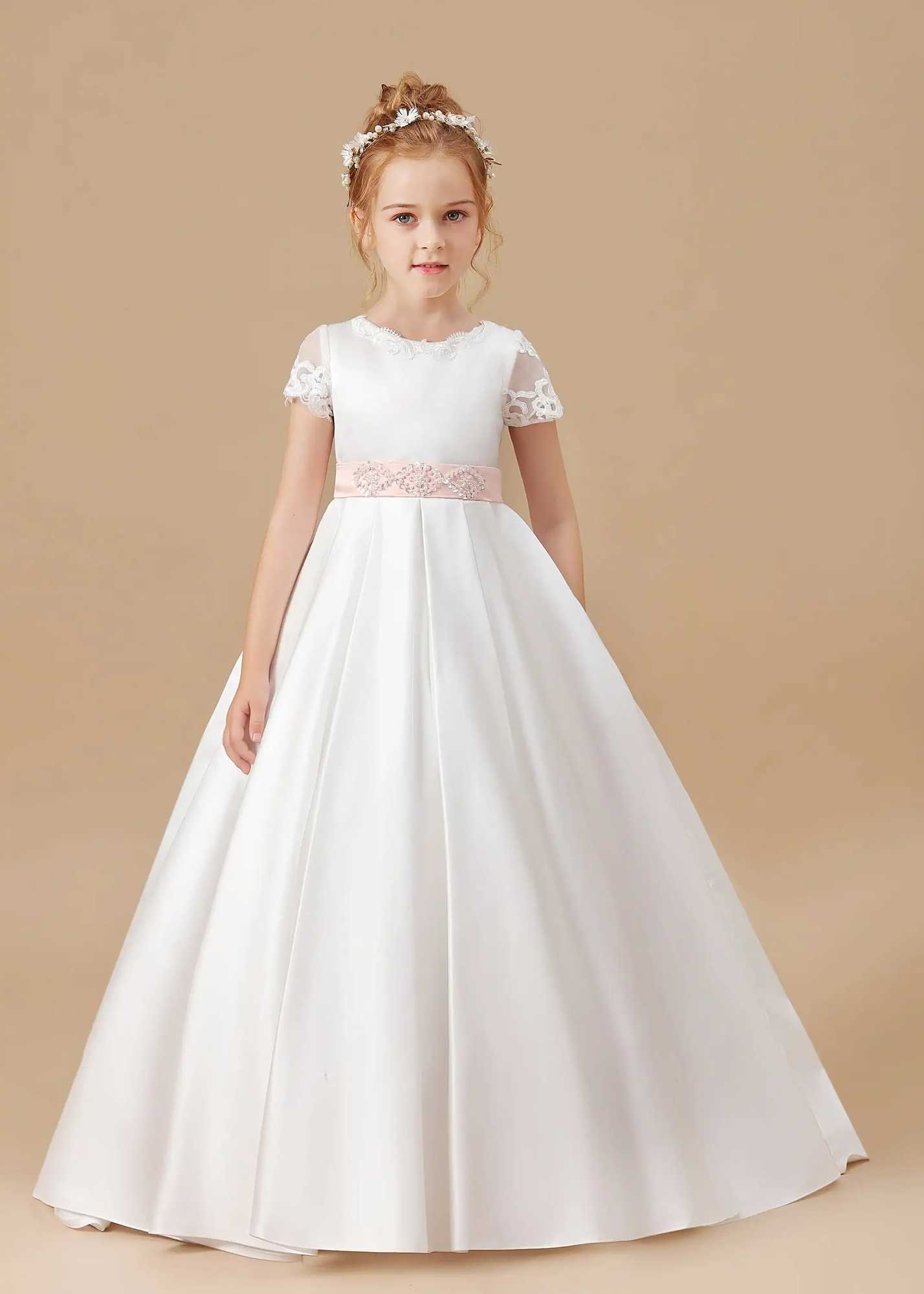 Customized Elegant White Satin First Communication Dress Wedding A-line Flower Girl Dress Pink Bow Princess Childrens Birthday Dress W250326